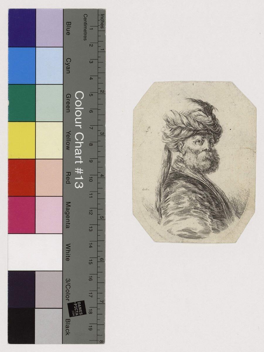 Turc à grande barbe, tourné de trois quarts vers la droite, avec turban orné d'une aigrette et un voile pendant le long de son dos