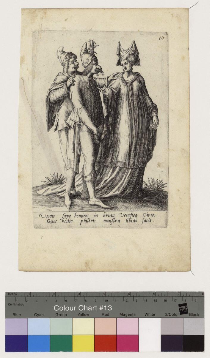 Deux hommes au visage monstrueux, parlant à une femme