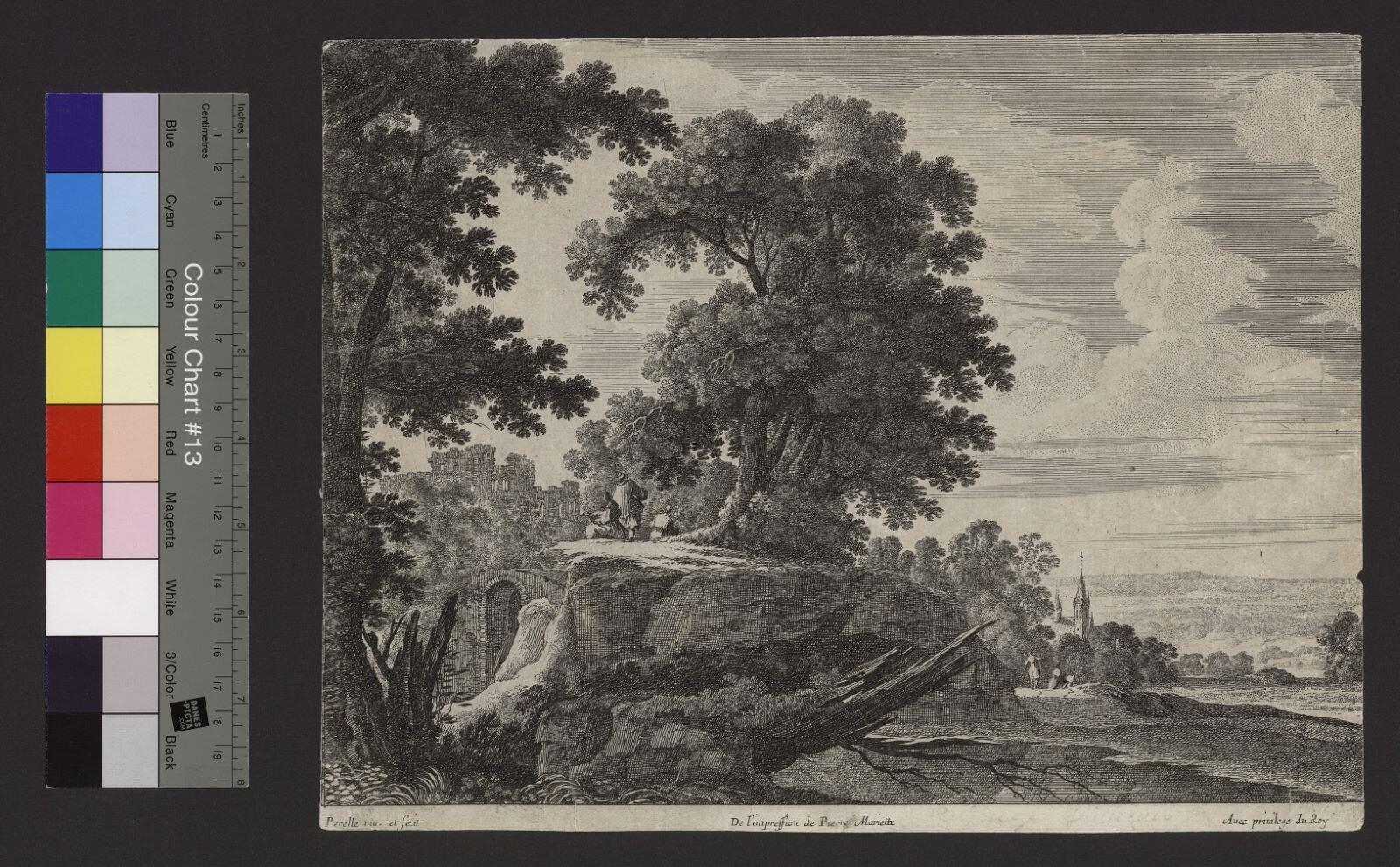 Paysage avec trois hommes sur un rocher
