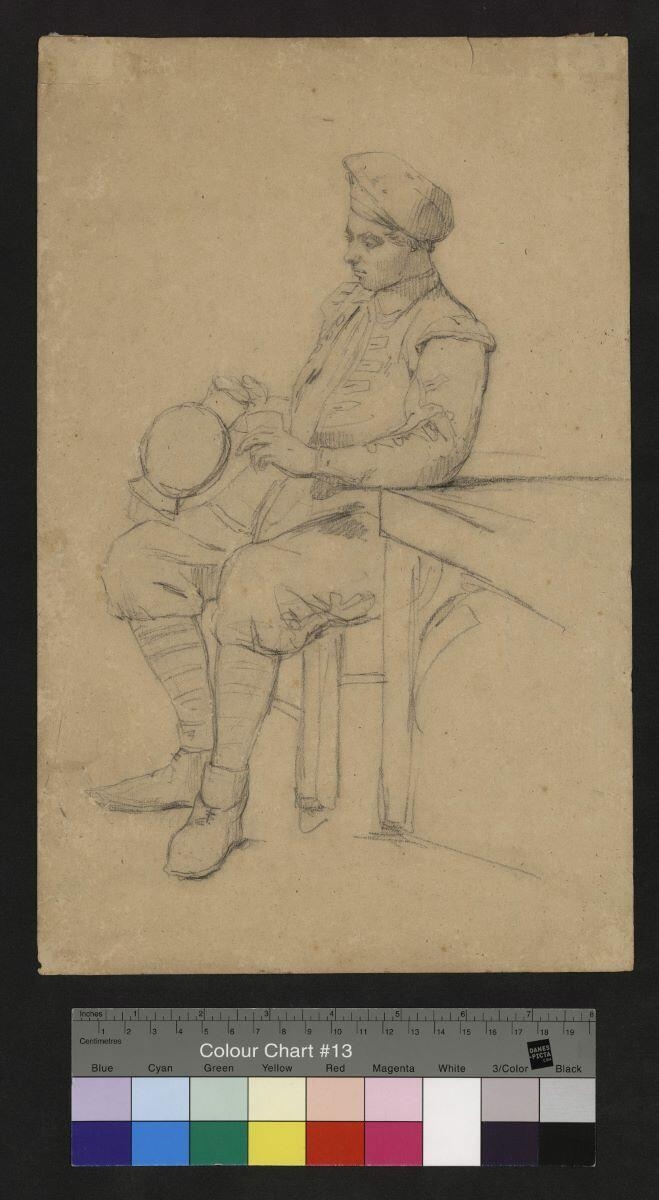 Jeune homme en costume militaire, assis, se servant à boire