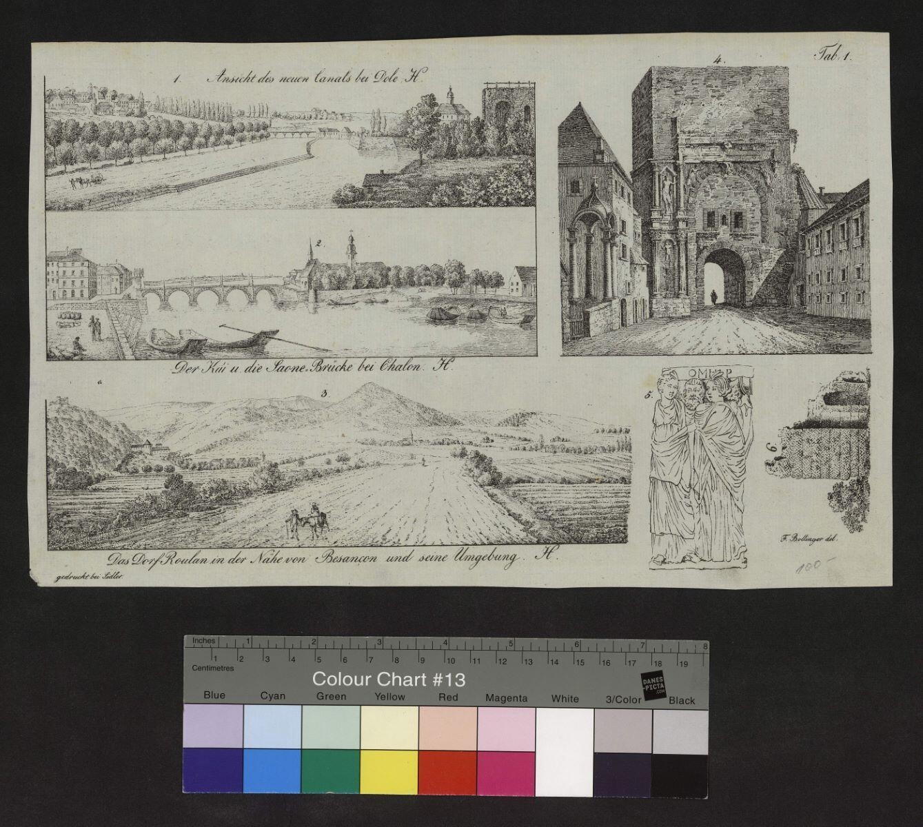 1.Ansicht des neuen Canals bei Dole. 2. Der Kai u. die Saone Brücke bei Chalon. 3. Das Dorf Roulan in der Nähe von Besançon und seine umgebung. 4. La Porte noire à Besançon; 5. Groupe sculpté, Montpellier. 6. Vestige antique, Lyon.