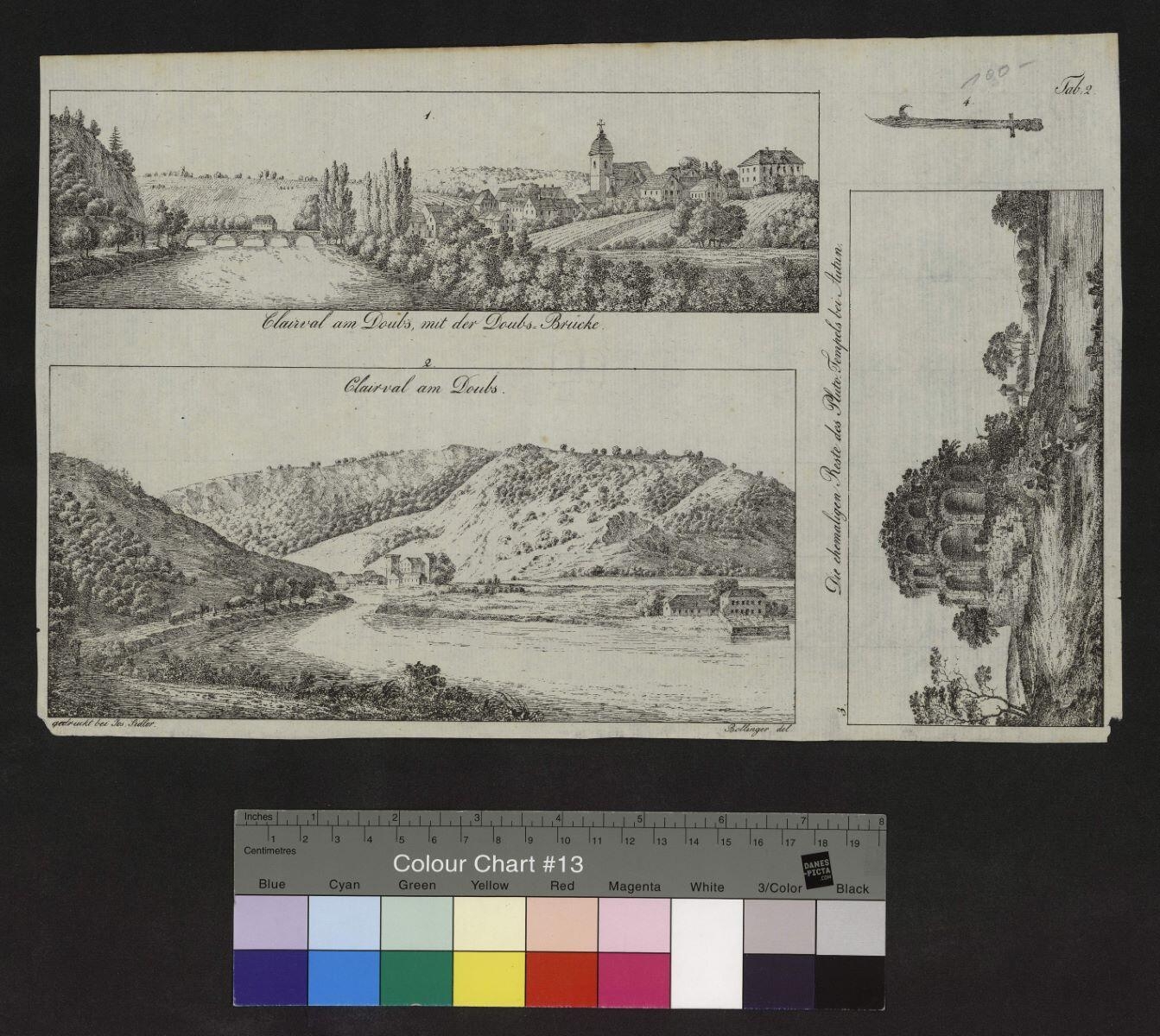 1. Clairval am Doubs, mit der Doubs : Brücke. 2. Clairval am Doubs. 3. Die chemaligen reste des Pluto-Tempels bei Autun. 4. [Objet provenant de Lyon]