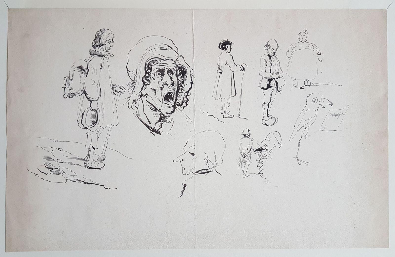 Neuf croquis à l'encre et à la plume