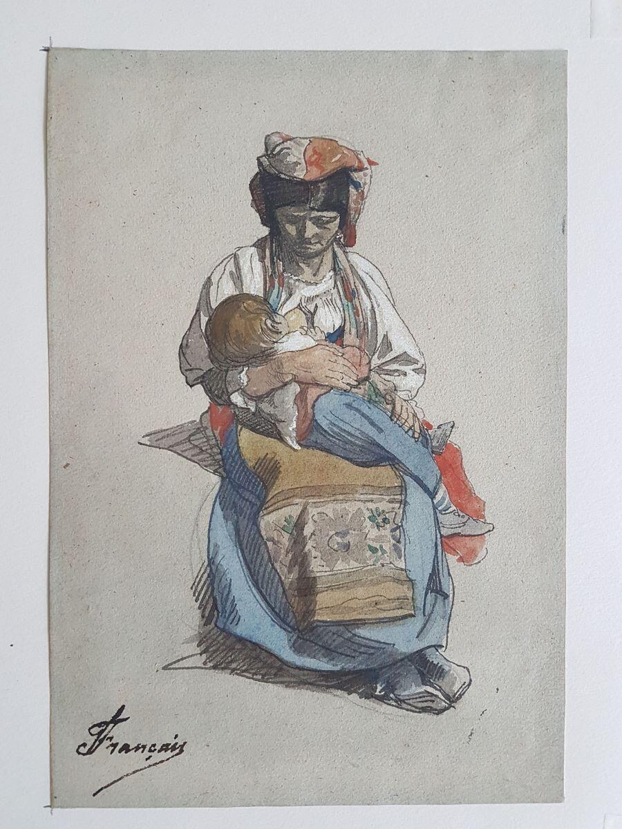 Paysanne italienne allaitant son enfant