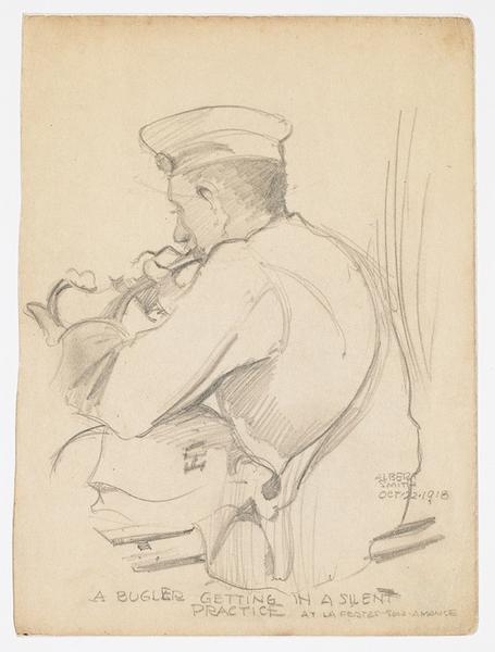 A bugler getting in silent practice