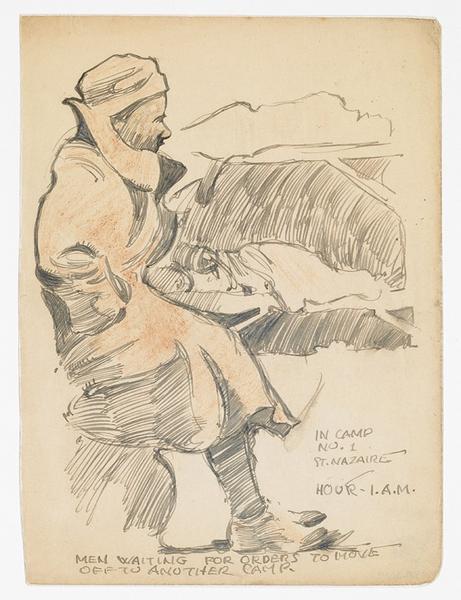 Men waiting for orders to move off to another camp