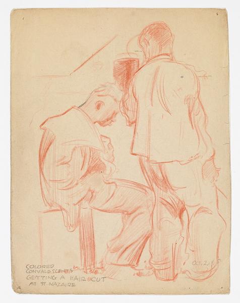 Colored convalescents getting a hair cut at St Nazaire