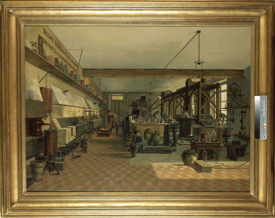 Intérieur d'atelier à Besançon, Belot, essayeur du commerce, préparation des cendres d'orfèvres, fonderie d'or et d'argent moulin à lavure