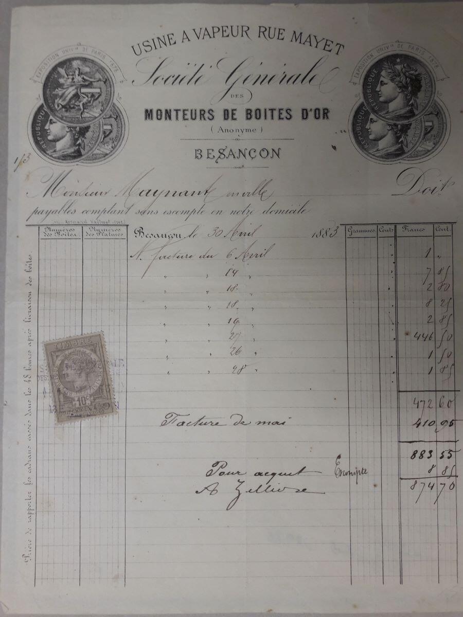 Facture émise par la Société générale des monteurs de boîtes d'or