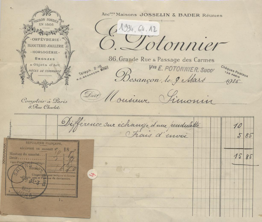 Orfèvrerie Bijouterie Joaillerie Horlogerie  E.Potonnier