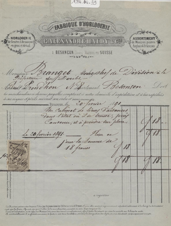 Facture de la fabrique d'horlogerie Alexandre Haldy et Cie adressée à Monsieur Branget