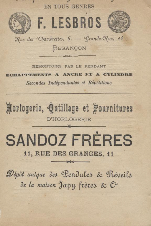 Encarts publicitaires relatifs à des entreprises d'horlogerie de Besançon