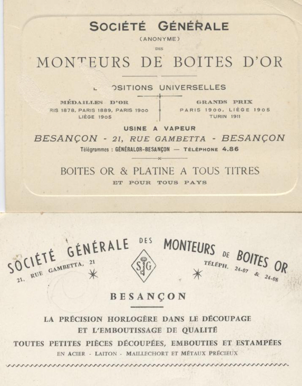 Deux cartes de visite de la Société Générale des monteurs de boites d’or
