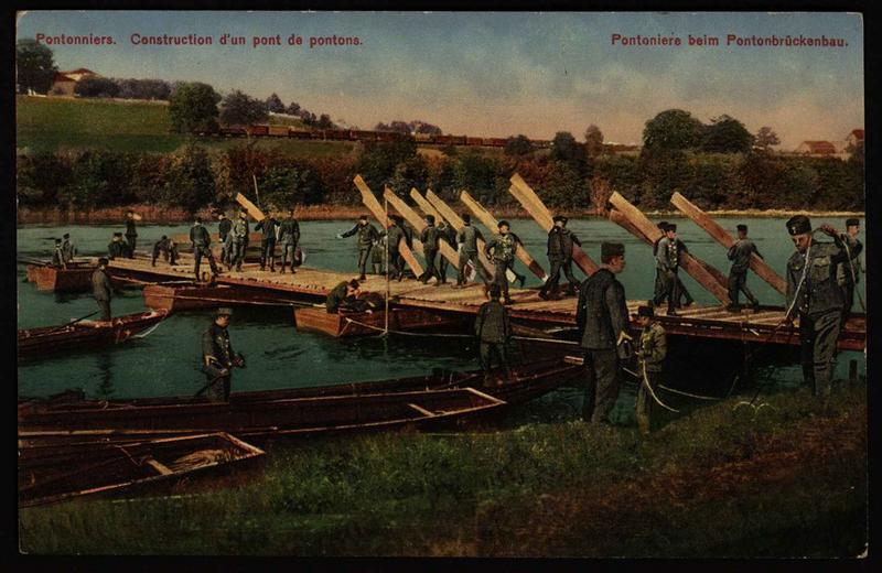 Pontonniers. Construction d'un pont de pontons
