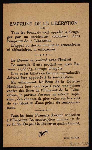 EMPRUNT DE LA LIBERATION / LES VAINQUEURS DE LA MARNE 1914-1918 / Général PETAIN