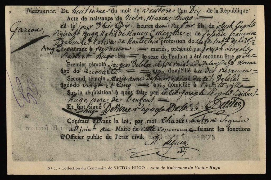 Collection du Centenaire de VICTOR HUGO - Acte de Naissance de Victor Hugo