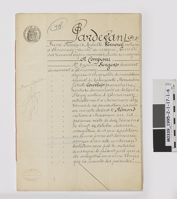 Acte de legs du patrimoine immobilier de Juliette Courbet à destination d'Eugène Reverdy et Edmond Reverdy