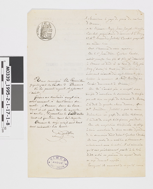 Acte d'acceptation de succession de Gustave Courbet par Régis Courbet et Juliette suivi de la convocation pour l'inventaire des biens de Gustave Courbet (titre factice)