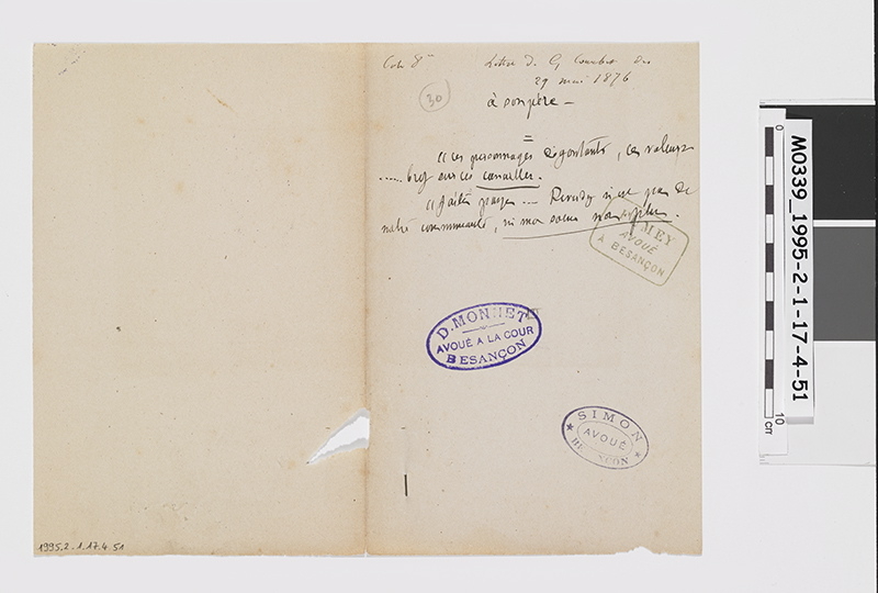 Billet rapportant des éléments de lettre de Gustave Courbet