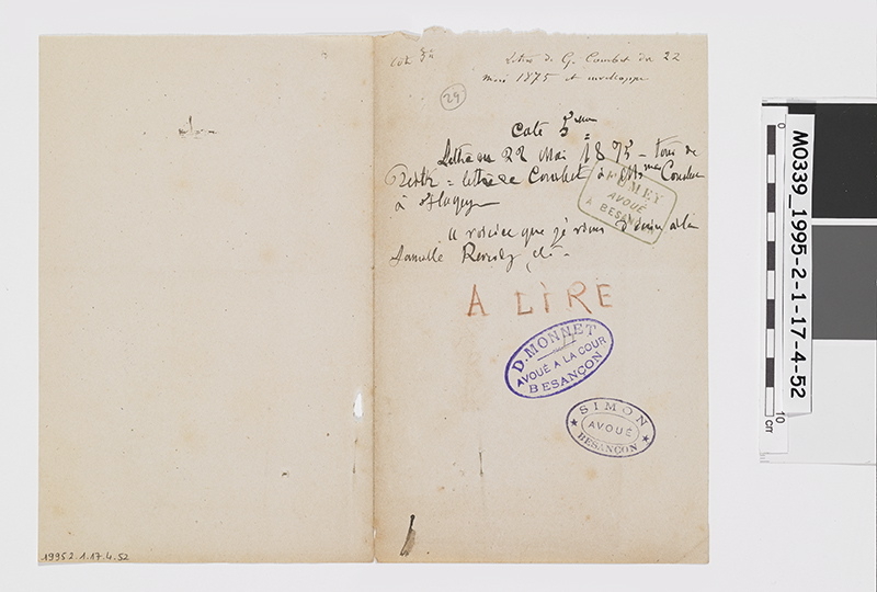 Billet rapportant des éléments de lettre de Gustave Courbet