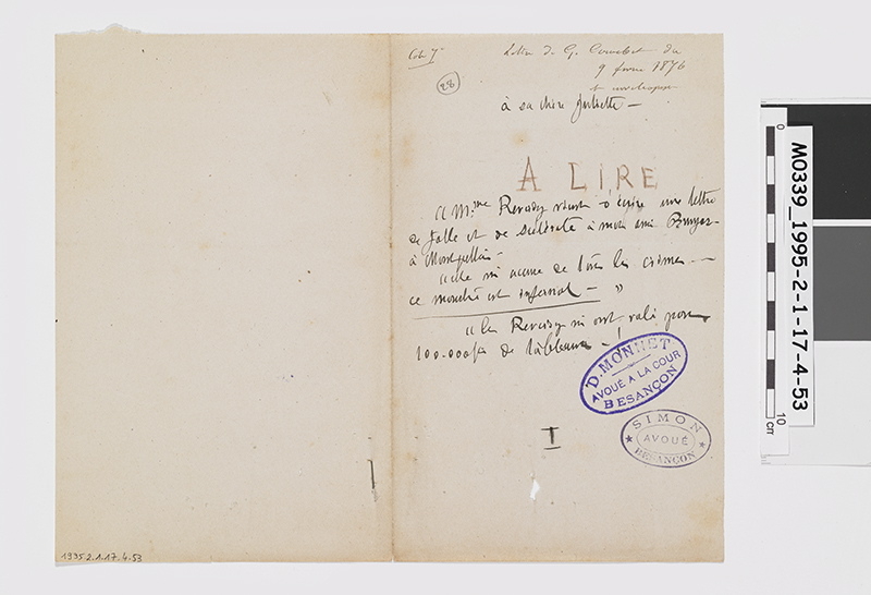 Billet rapportant des éléments de lettre de Gustave Courbet