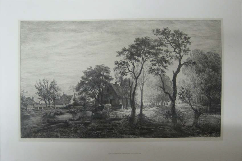 Paysage champêtre avec deux vaches et une paysanne près d'une ferme