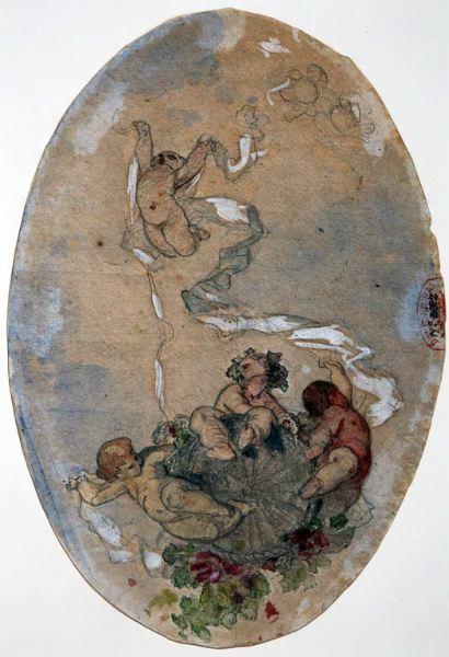 Esquisse de plafond : Amours portant une corbeille de fleurs