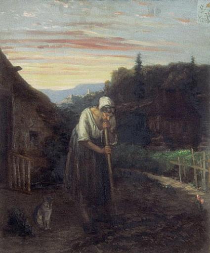 Femme bêchant son jardin