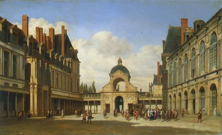 Cour de l'ovale au château de Fontainebleau . Arrivée de Christine de Suède. 1840