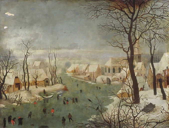 Paysage d'hiver avec rivière gelée. Les patineurs