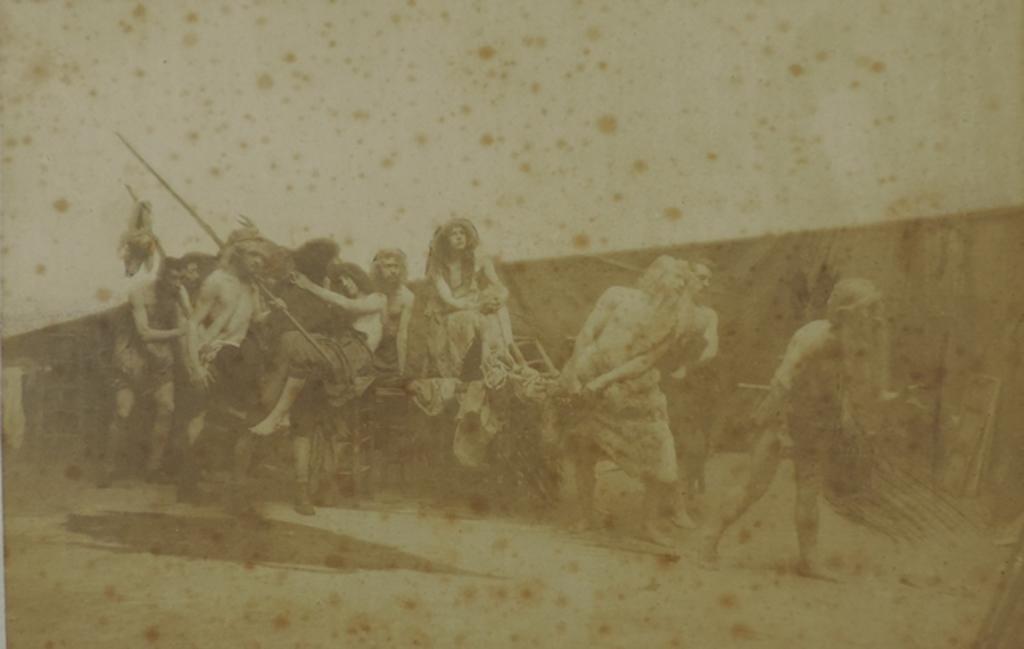 Une classe de l'Académie Julian reconstituant un tableau vivant 'Le Caïn' de Fernand Cormon