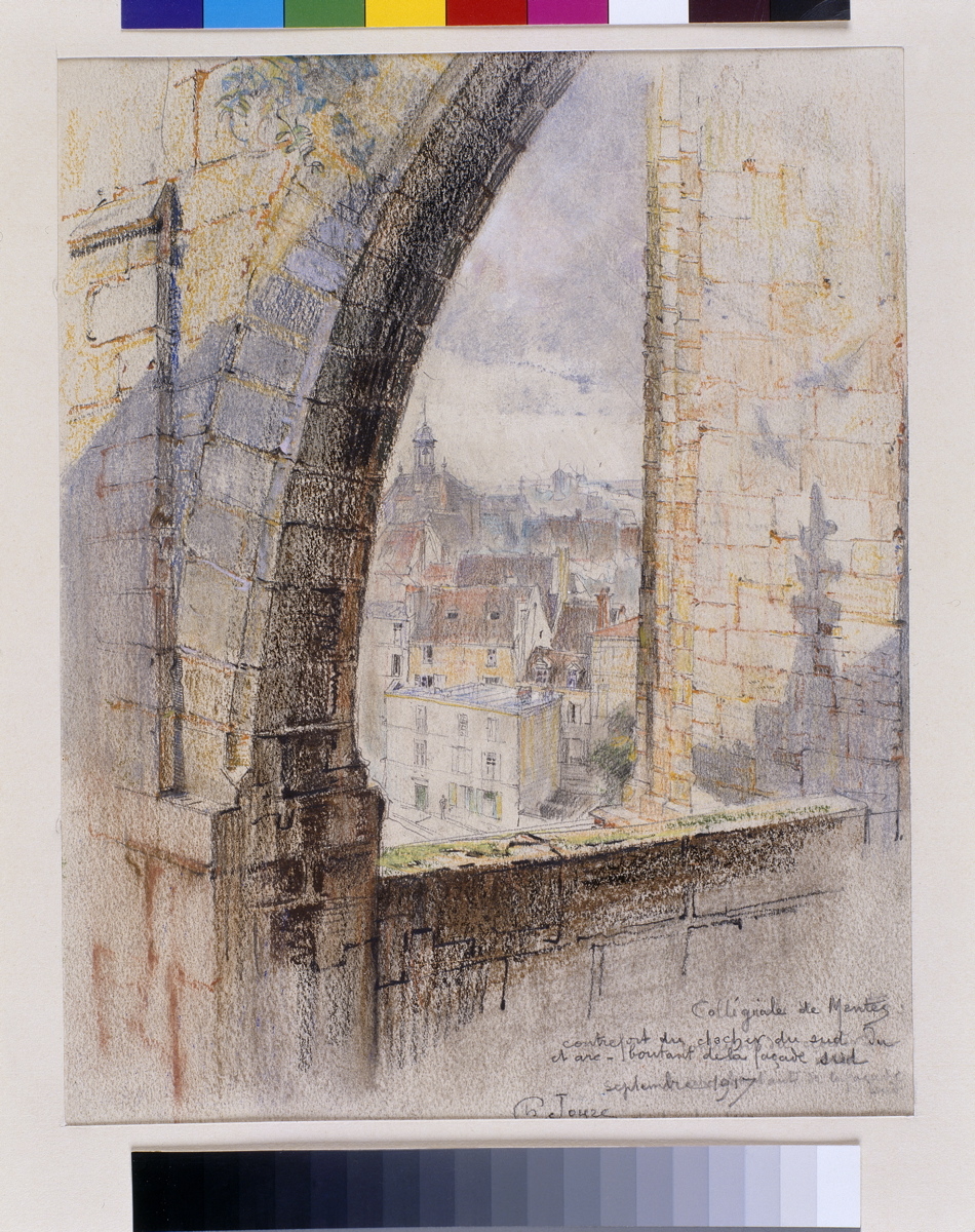 Collégiale de Mantes, contrefort du clocher du sud et arc-boutant façade sud
