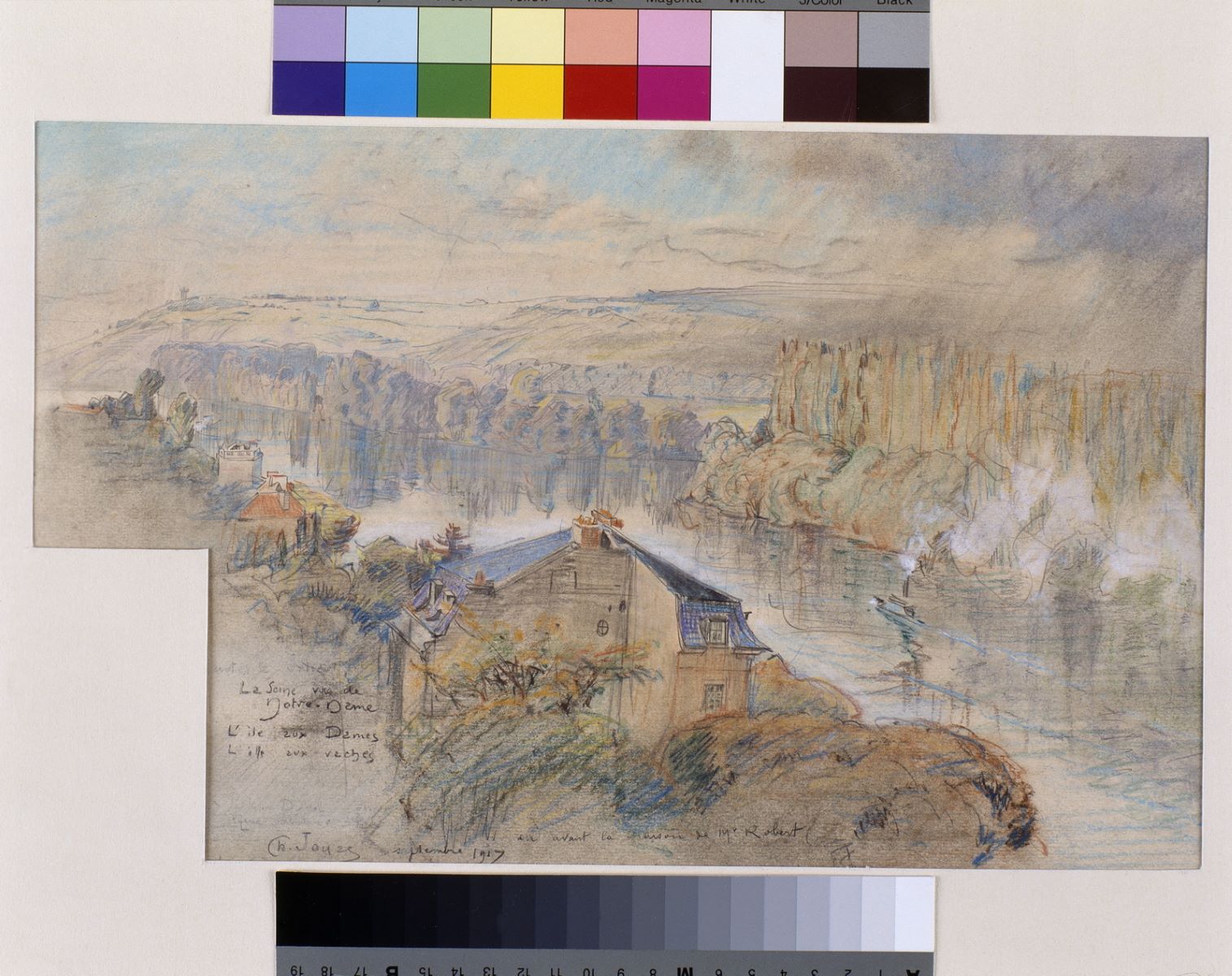 La Seine vue de Notre-Dame, l'île aux Dames, l'île aux vaches, en avant la maison de Monsieur Robert