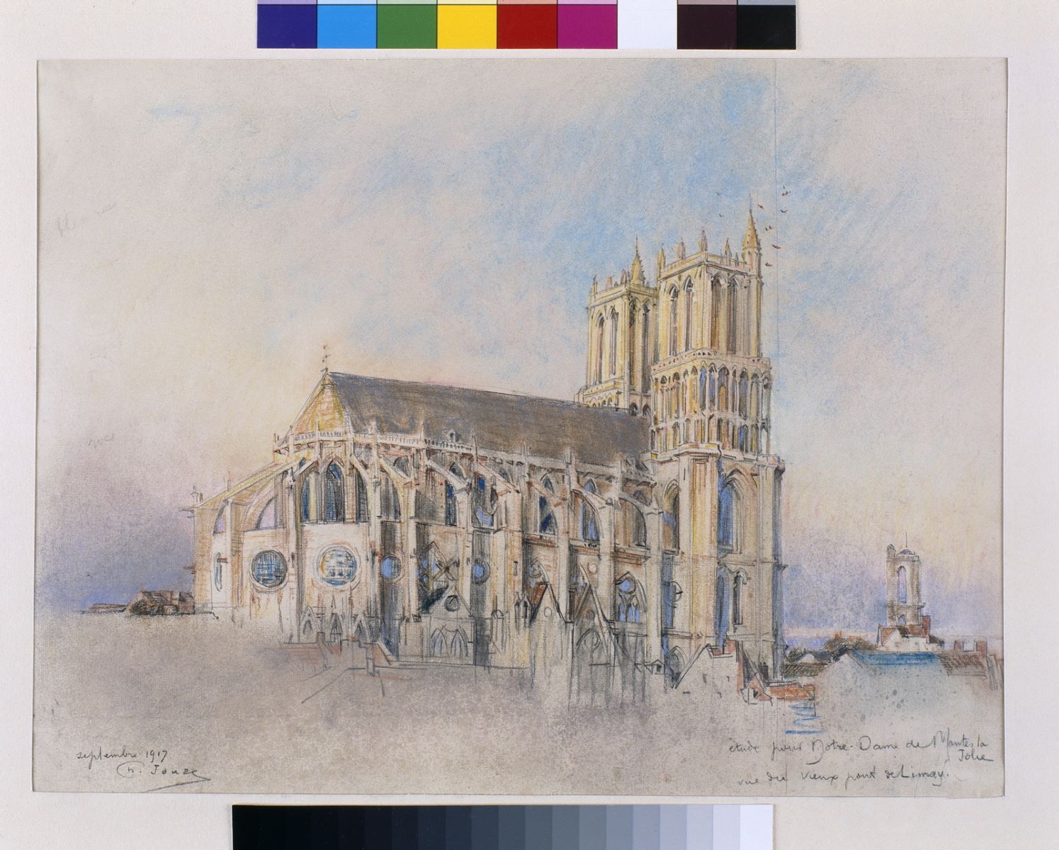 Etude pour Notre-Dame de Mantes-la-Jolie, vue du vieux pont de Limay