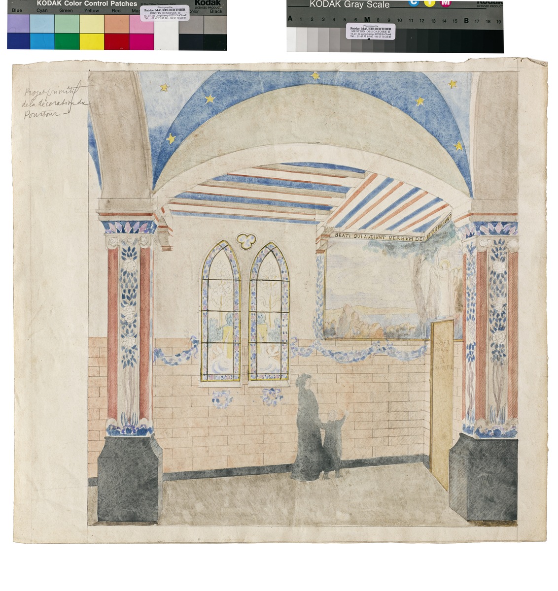Projet primitif pour le pourtour, Eglise du Vésinet, Chapelle de la Vierge, Projet d'ensemble ; a) Projet primitif de la décoration du pourtour. Etude pour le Vésinet. "Beati qui audiunt verbum dei et custodiunt, 273. Porte de la sacristie". b) Recherche de lignes. Etude pour deux compositions murales en angle droit.