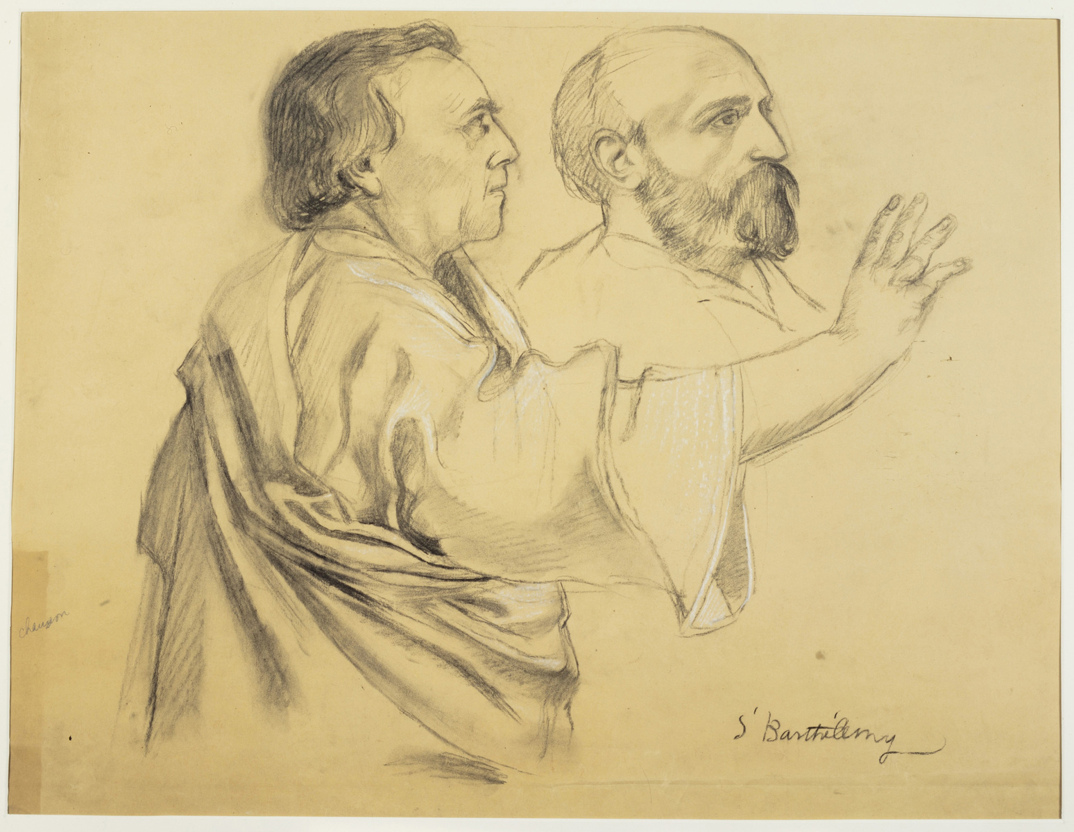 Saint Barthélémy (1), deux études de têtes (à droite le musicien Ernest Chausson, pour le déambulatoire, décor de l'Eglise Sainte-Marguerite, Le Vésinet)