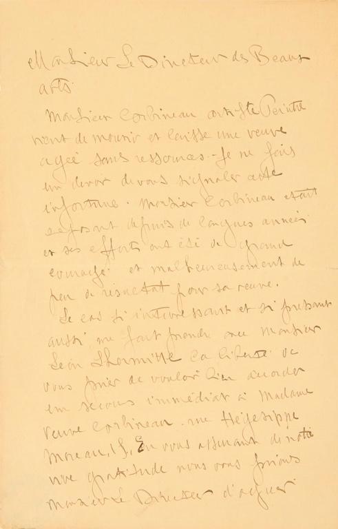 Lettre d'Eugène Carrière au directeur des Beaux-Arts demandant en faveur de la veuve du peintre Corbineau sans ressources, une aide