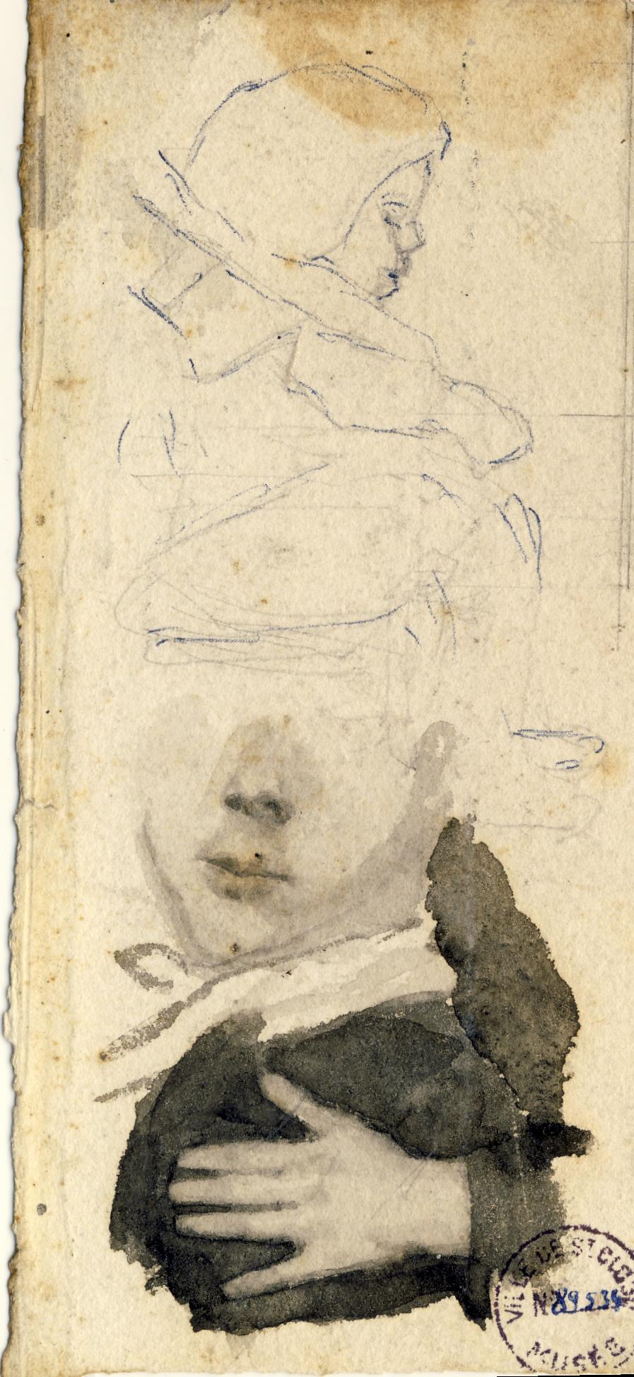 2 études sur carton : en haut un enfant assis de profil au crayon et stylo (par M. Oulmont) en bas garçonnet en buste 3/4 et moitié inférieur tournée vers les spectateur, main gauche d'un autre personnage posée sur le buste (titre du registre d'inventaire)