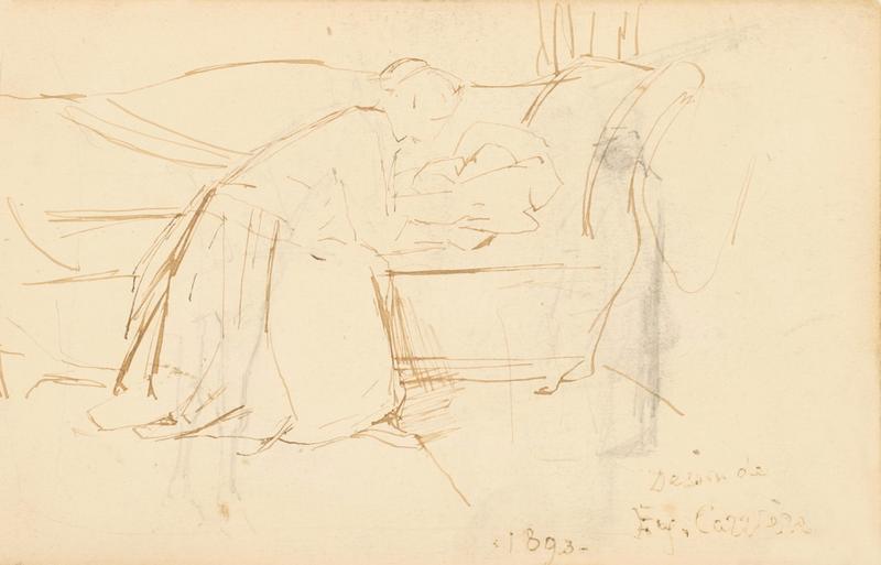 Recto: Femme agenouillée de profil, penchée au chevet d'un enfant couché sur un canapé ; Verso: Silhouette de voilier, paysage incertain, personnage debout (titre du registre d'inventaire)