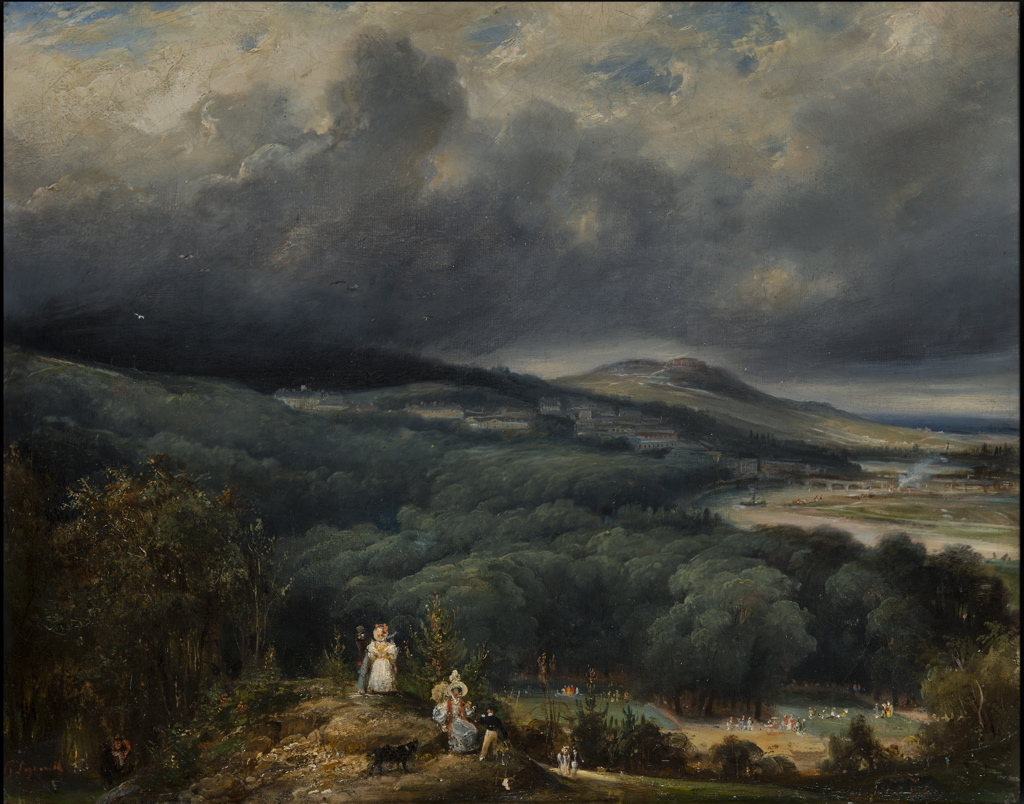 Vue panoramique sur la colline de Saint-Cloud Le pont de Billancourt et le Mont Valérien