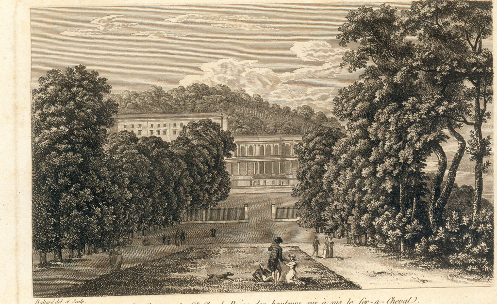 Vue du chateau de St Cloud, prise des hauteurs vis à vis le fer-a-cheval