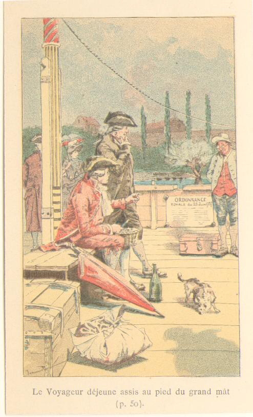 Voyage de Paris à Saint-Cloud par terre et par mer. Le voyageur déjeune assis au pied du mât