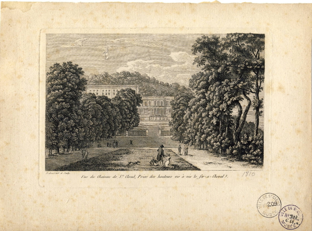 Vue du chateau de St Cloud, prise des hauteurs vis à vis le fer-a-cheval