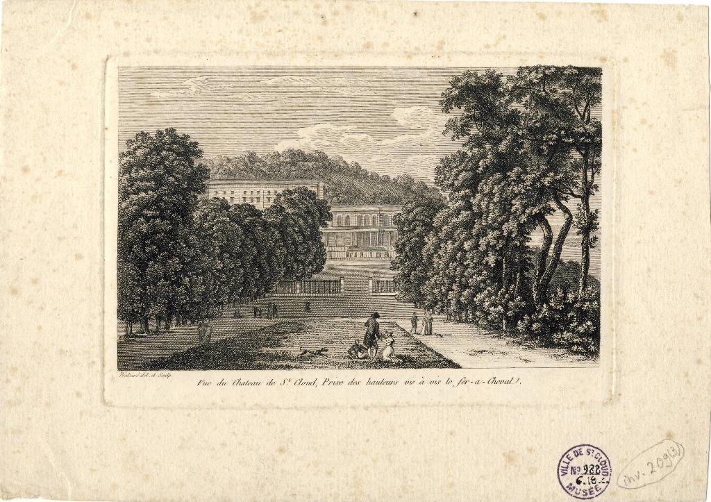 Vue du chateau de St Cloud, prise des hauteurs vis à vis le fer-a-cheval