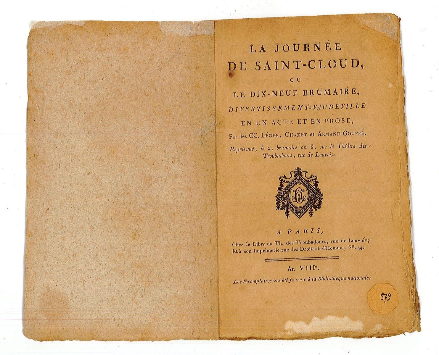 La journée de Saint-Cloud ou Le dix-neuf Brumaire divertissement Vaudeville