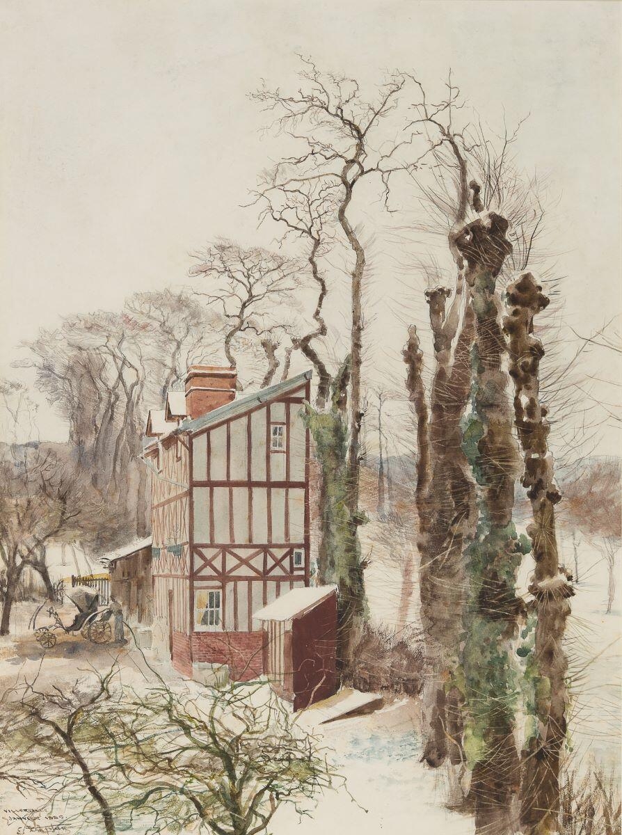 L’Habitation des Baron-Lecoq, vue de la fenêtre du deuxième sur le clos, effet de neige (Villerville)