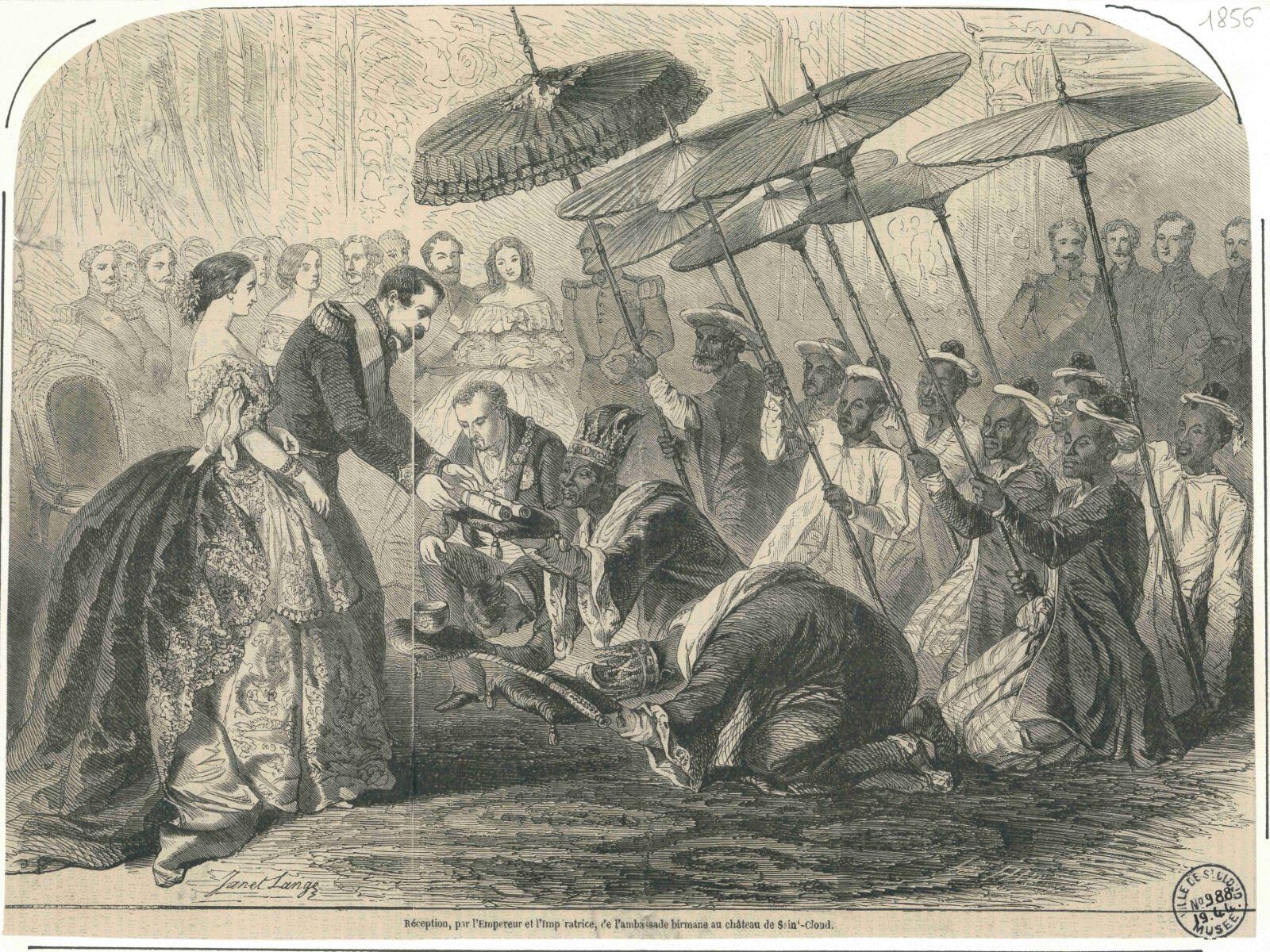 Réception, par l'Empereur et l'Impératrice, de l'ambassade birmane au château de Saint-Cloud