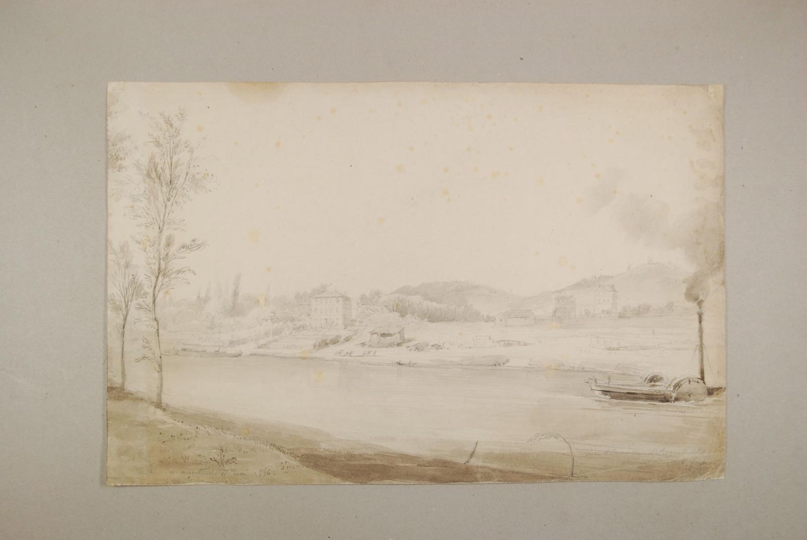 Vue d'ensemble d'Argenteuil, avant la construction du pont de chemin de fer (11 mai 1856)