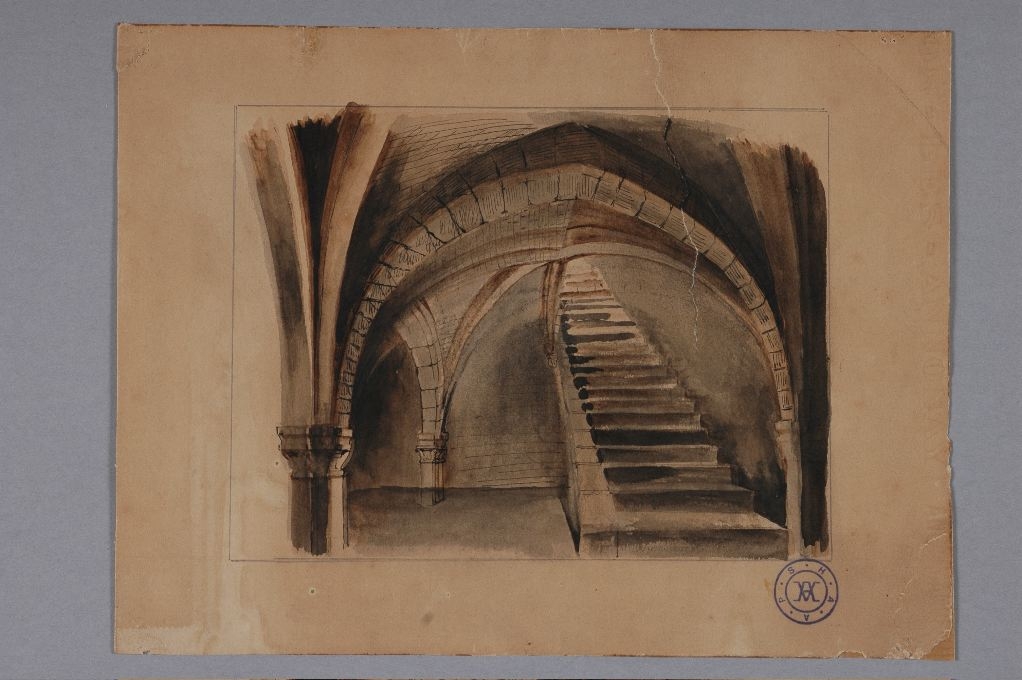 Perspective face à l’escalier, cave de la rue de Traverse