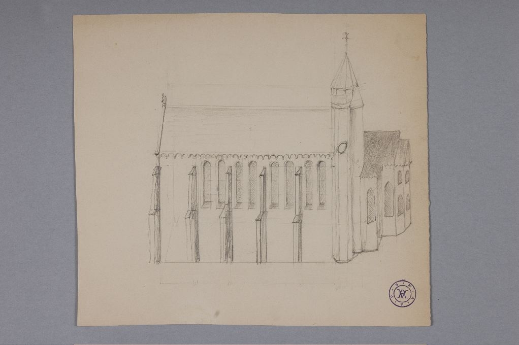 Dessin de la façade sud de l’église du prieuré